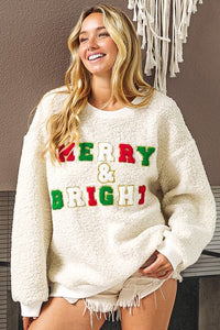 BiBi Christmas Sherpa Pullover with MERRY & BRIGHT Patches in Ivory Shirts & Tops BiBi   