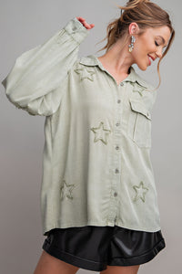 Easel Button Down Shirt with Star Patch Details in Light Sage Shirts & Tops Easel   