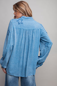 Easel Button Down Shirt with Star Patch Details in English Blue Shirts & Tops Easel   
