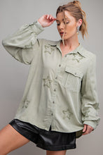 Load image into Gallery viewer, Easel Button Down Shirt with Star Patch Details in Light Sage Shirts &amp; Tops Easel   
