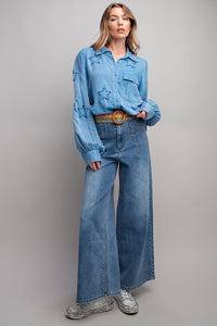 Easel Button Down Shirt with Star Patch Details in English Blue Shirts & Tops Easel   