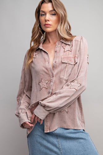 Easel Button Down Shirt with Star Patch Details in Mauve Shirts & Tops Easel   