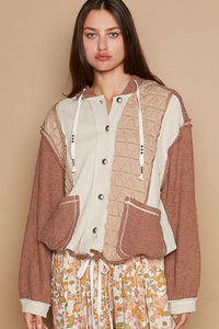 POL Mixed Fabric Hooded Button Down Shacket in Oat/Chocolate