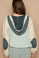 POL Mixed Fabric Hooded Button Down Shacket in Forest/Cream ON ORDER