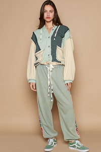 POL Mixed Fabric Hooded Button Down Shacket in Forest/Cream ON ORDER