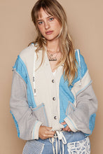 Load image into Gallery viewer, POL Mixed Fabric Hooded Button Down Shacket in Sky/Grey
