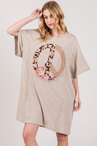 Sage+Fig Boyfriend Fit T-shirt Dress with Peace Sign Applique in Oatmeal