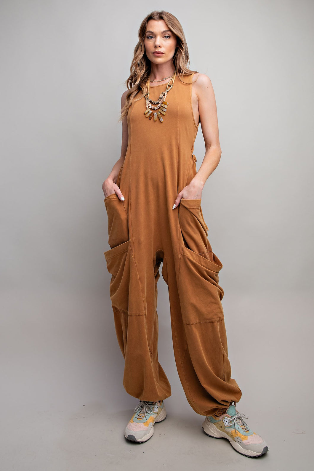 Easel Mineral Washed Cargo Jumpsuit in Camel Pants Easel   
