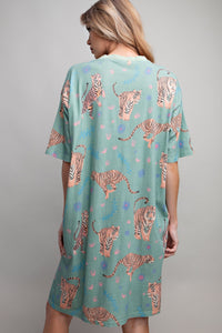 Easel Tiger Print T Shirt Dress in Sage Dress Easel   