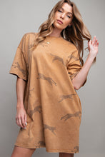 Load image into Gallery viewer, Easel Mineral Washed T-Shirt Dress with Cheetah Details in Camel Dress Easel   
