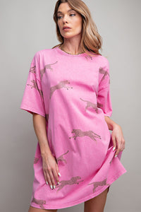Easel Mineral Washed T-Shirt Dress with Cheetah Details in Barbie Pink Dress Easel   