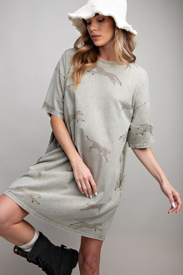 Easel Mineral Washed T-Shirt Dress with Cheetah Details in Sage Dress Easel   