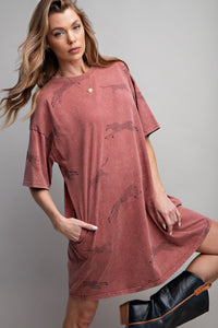 Easel Mineral Washed T-Shirt Dress with Cheetah Details in Red Bean Dress Easel   