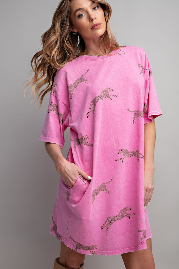 Easel Mineral Washed T-Shirt Dress with Cheetah Details in Barbie Pink ON ORDER Dress Easel   