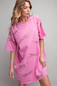 Easel Mineral Washed T-Shirt Dress with Cheetah Details in Barbie Pink Dress Easel   