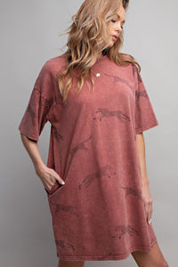 Easel Mineral Washed T-Shirt Dress with Cheetah Details in Red Bean Dress Easel   