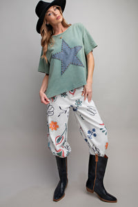 Easel Short Sleeve Star Patch Top in Moss Shirts & Tops Easel   