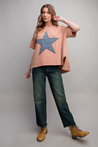 Easel Short Sleeve Star Patch Top in Terracotta Shirts & Tops Easel   