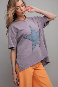 Easel Short Sleeve Star Patch Top in Dusty Lilac Shirts & Tops Easel   