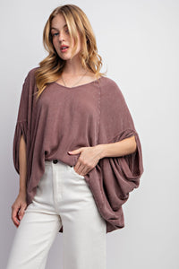 Easel Mineral Washed Gauze Loose Fit Top In Red Bean