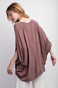 Easel Mineral Washed Gauze Loose Fit Top In Red Bean