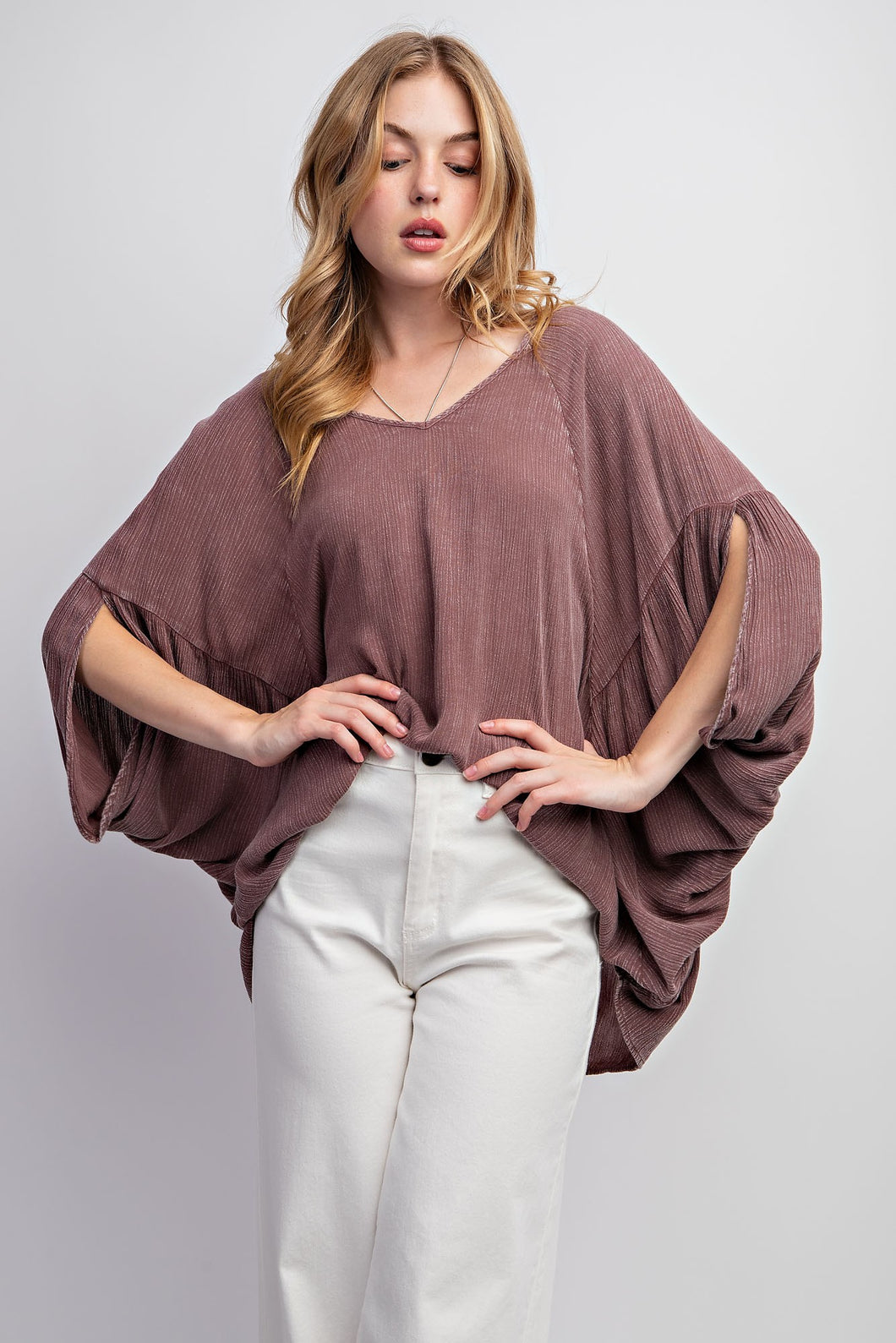 Easel Mineral Washed Gauze Loose Fit Top In Red Bean