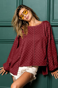 BiBi Solid Color Textured Checkered Top in Burgundy Shirts & Tops BiBi   
