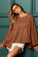 BiBi Solid Color Textured Checkered Top in Camel ON ORDER Shirts & Tops BiBi   