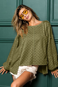 BiBi Solid Color Textured Checkered Top in Olive Shirts & Tops BiBi   