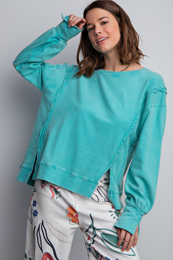 Easel Ribbed Knit Pullover Top in Atlantic Green Shirts & Tops Easel   