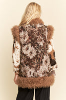 Davi & Dani Floral Jacquard and Faux Fur Trim Vest in Brown