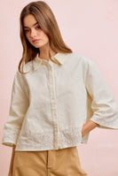 BiBi Eyelet Lace Hem Quarter Sleeve Top in Butter