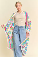 Davi & Dani Open Front Granny Square Crochet Midi Cardigan in Neon Multi