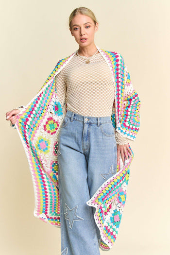 Davi & Dani Open Front Granny Square Crochet Midi Cardigan in Neon Multi