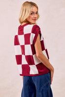 BiBi Contrasting Color Checkered Sweater Vest in Burgundy/Ivory