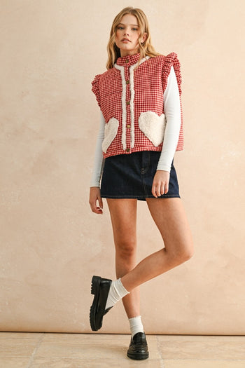 Miou Muse Gingham Vest with Sherpa Details in Red