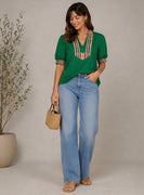 Jodifl Solid Color Top with Contrasting Plaid in Pine Green