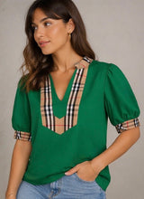 Load image into Gallery viewer, Jodifl Solid Color Top with Contrasting Plaid in Pine Green
