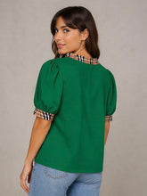 Load image into Gallery viewer, Jodifl Solid Color Top with Contrasting Plaid in Pine Green
