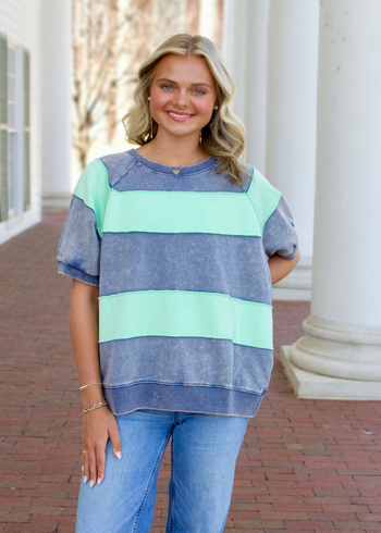 Easel Mineral Washed Boxy Rugby Striped Top in Denim Blue