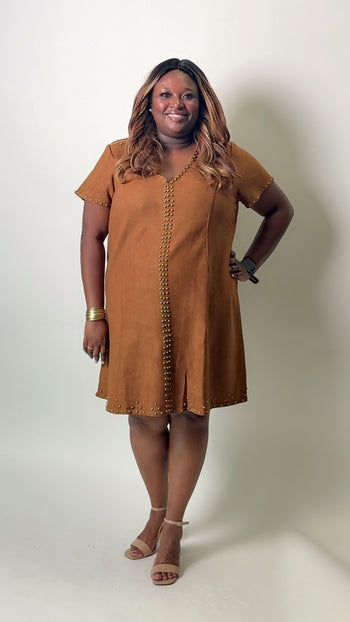 BaeVely Faux Suede Stud Detailed Mini Dress in Brown