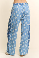 Davi & Dani Flower Print Wide Leg Culotte Pants in Denim Blue