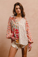 BiBi Mix n Match Floral and Abstract Print Peasant Top in Rose Mix