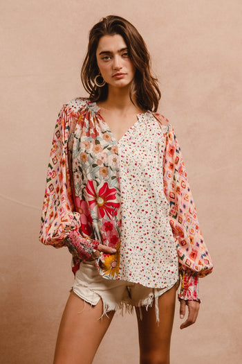 BiBi Mix n Match Floral and Abstract Print Peasant Top in Rose Mix