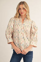 Jodifl Pleated Ruffled Neck Button Down Floral Top in Cream