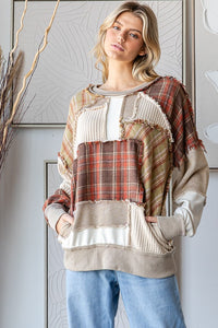 Oli & Hali Mixed Fabric and Plaid Patchwork OVERSIZED Top in Brown