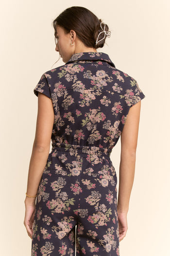 Davi & Dani Floral Print Scuba Zipper Front Jumpsuit in Navy
