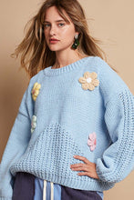 Load image into Gallery viewer, POL Chenille Knit Sweater with Multi Colored Flower Appliques in Baby Blue
