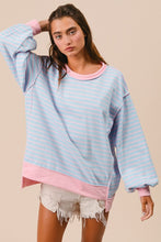 Load image into Gallery viewer, BiBi French Terry Striped Top with Uneven Hemline in Lt Blue/Blush
