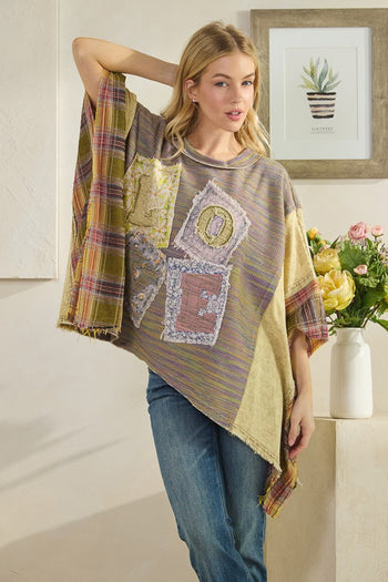 Oli & Hali OVERSIZED Mixed Fabric Poncho Top with LOVE Patched Front in Olive